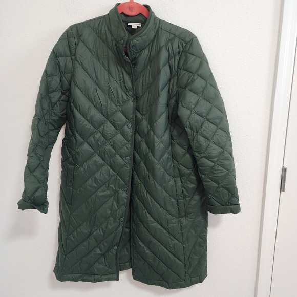 J. Jill Quilted Down Coat Jacket Womens Medium Green Button Front Puffer - Picture 1 of 7